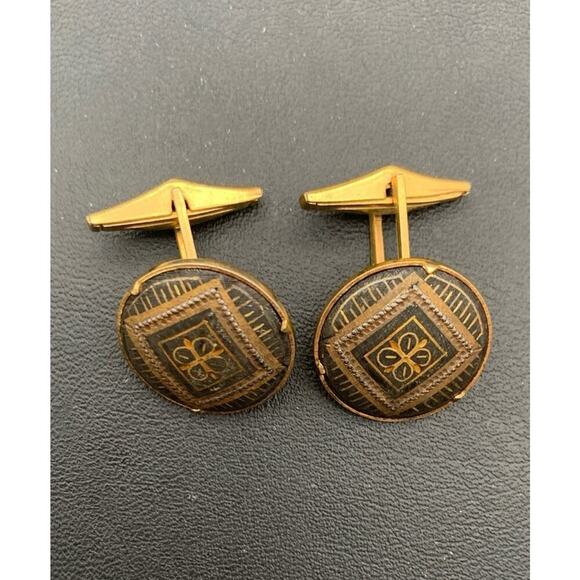 Vintage Damascene Black And Gold Tone Round Cuff Links - Picture 1 of 4